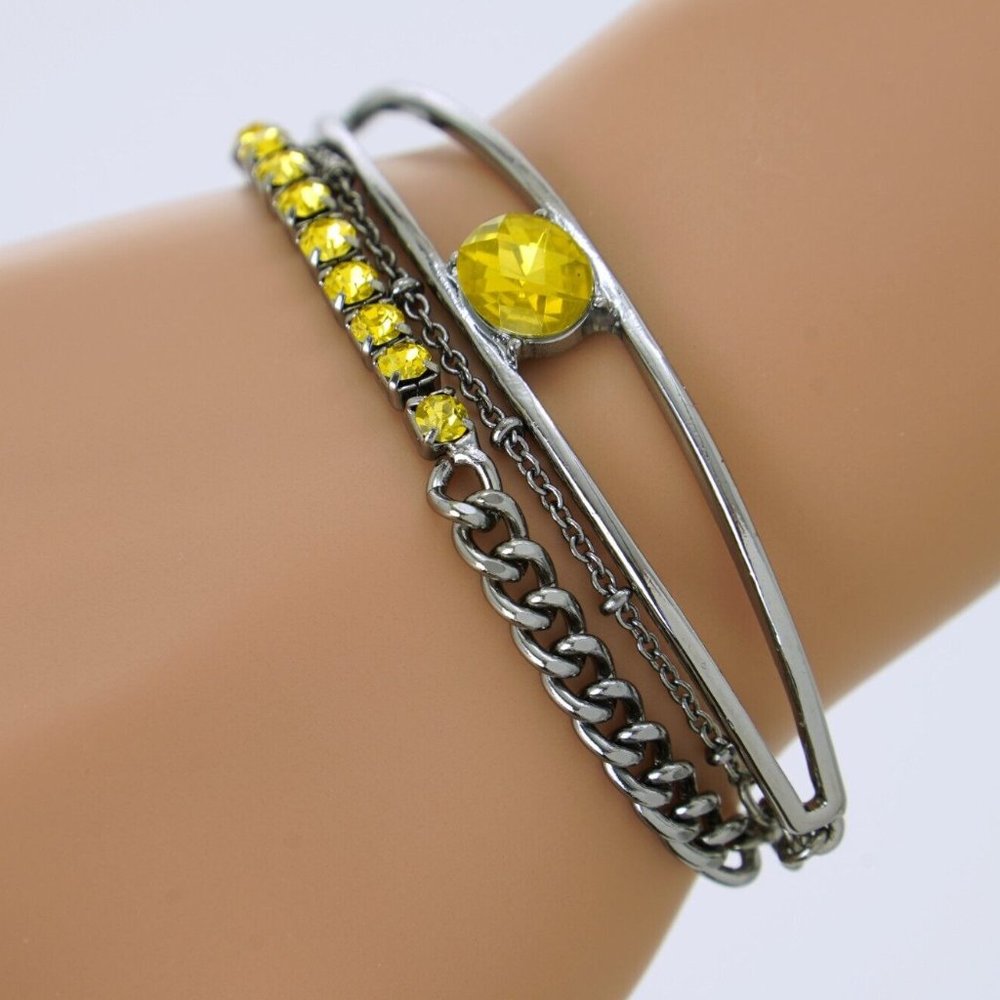 VERA WANG Rocker Chic Gunmetal/Yellow-Green Crystal Bar & Chain Layered Bracelet